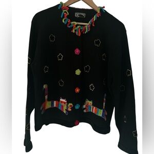 Vintage Berek by Takako Saxon Whimsical Cat Art To Wear Cardigan Sweater - XL